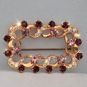 Vintage Gold Tone Pink & Burgundy Rhinestone Brooch